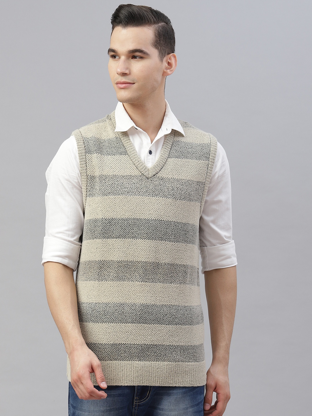 Pierre Carlo Men Beige & Grey Striped Sweater Vest