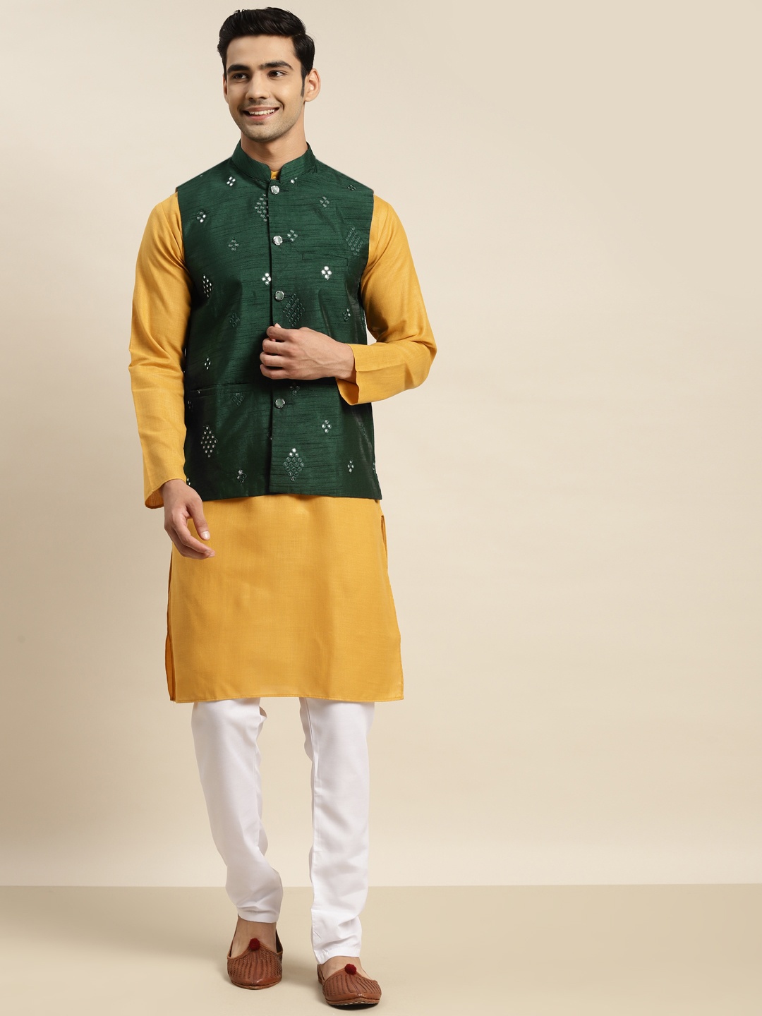 SOJANYA Men Mustard Yellow Mirror Work Pure Cotton Kurta with Churidar & Nehru Jacket