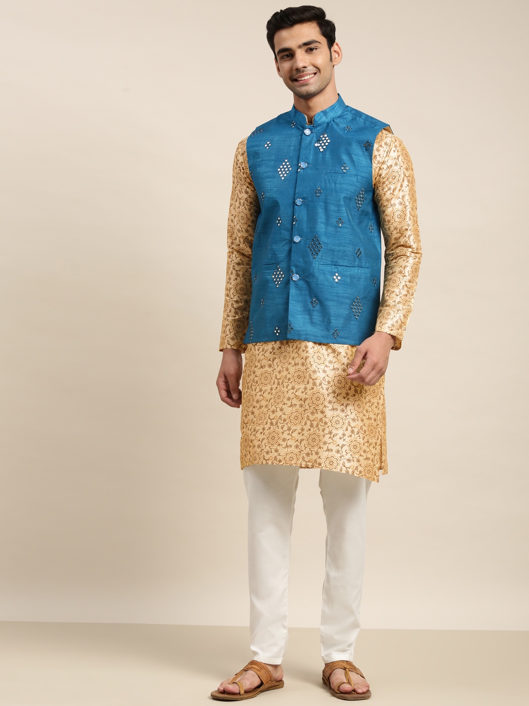 

SOJANYA Men Beige Floral Printed Mirror Work Kurta with Churidar & Nehru Jacket