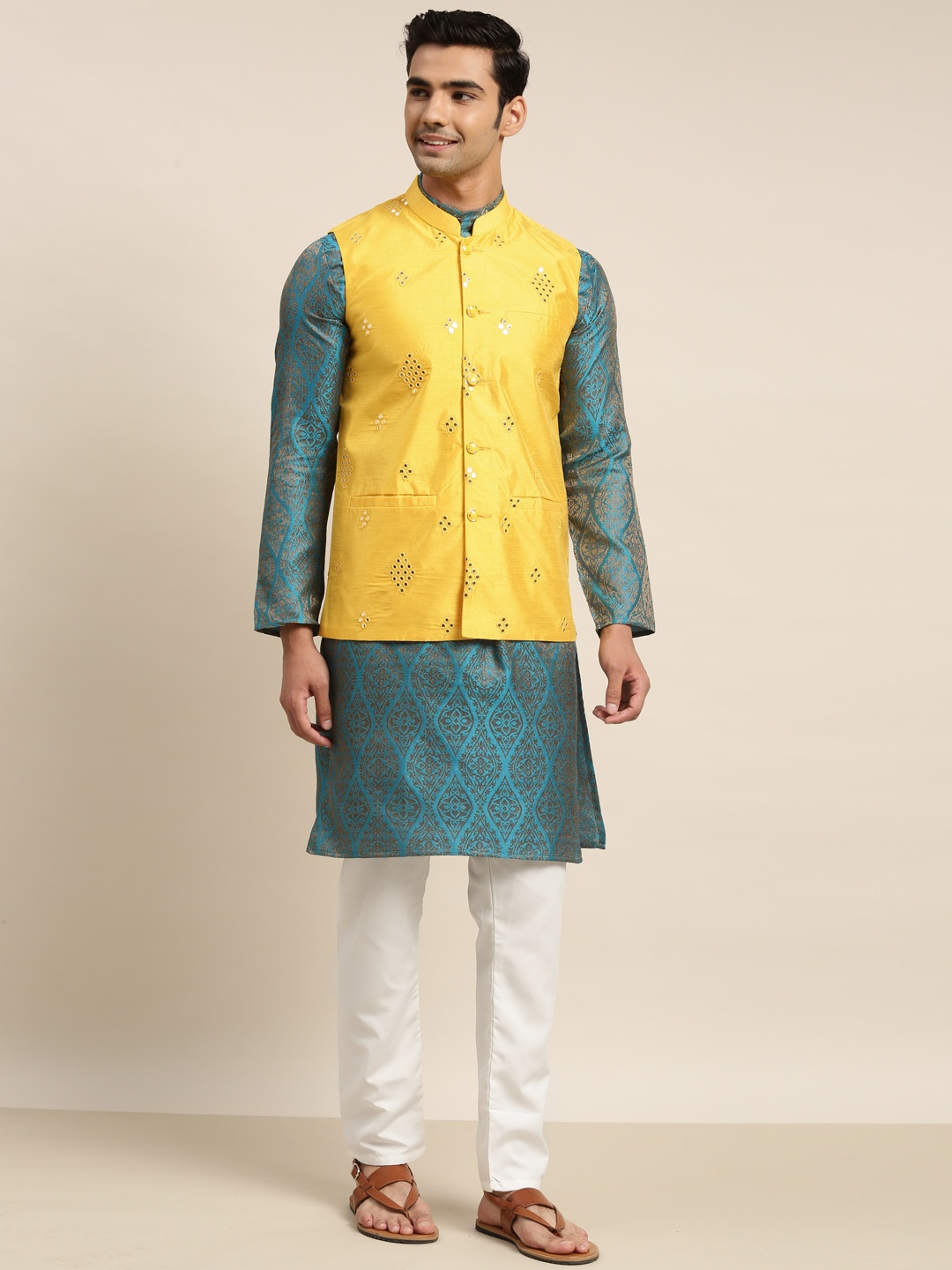 

SOJANYA Men Blue Ethnic Motifs Mirror Work Kurta with Churidar & Nehru Jacket