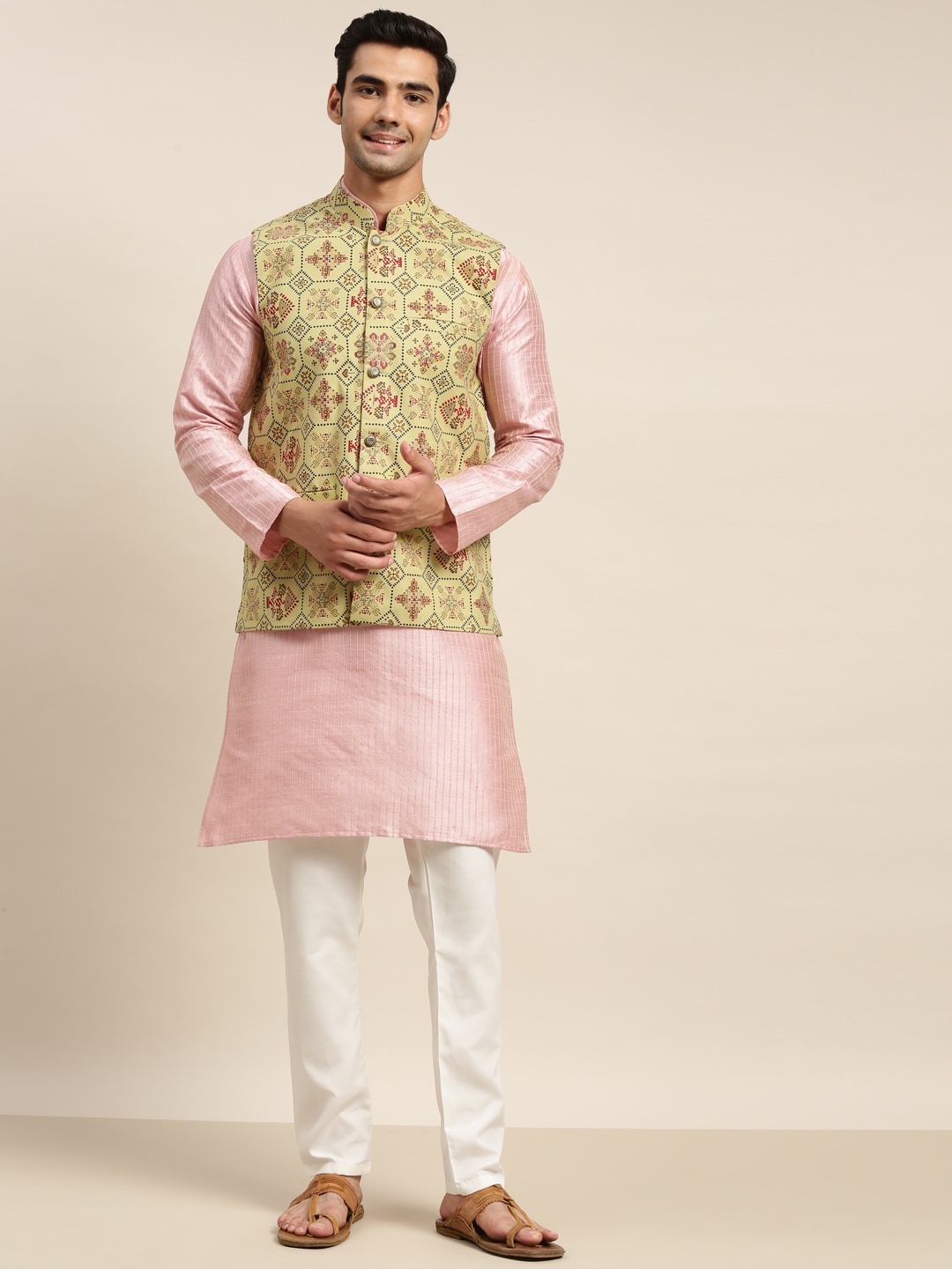 

SOJANYA Men Pink Striped Kurta with Churidar & Nehru Jacket