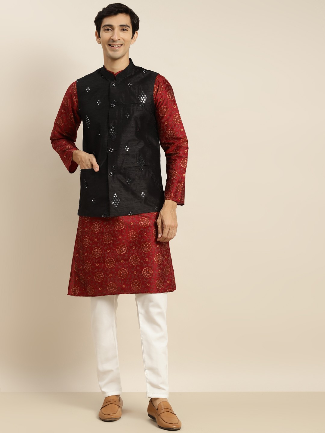SOJANYA Men Maroon Floral Printed Mirror Work Kurta with Churidar & Nehru Jacket