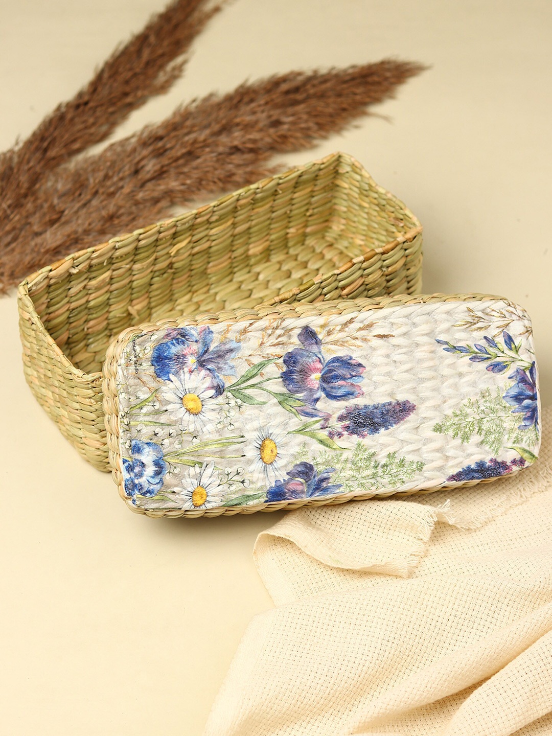 

HABERE INDIA Green Printed Seagrass Storage Basket