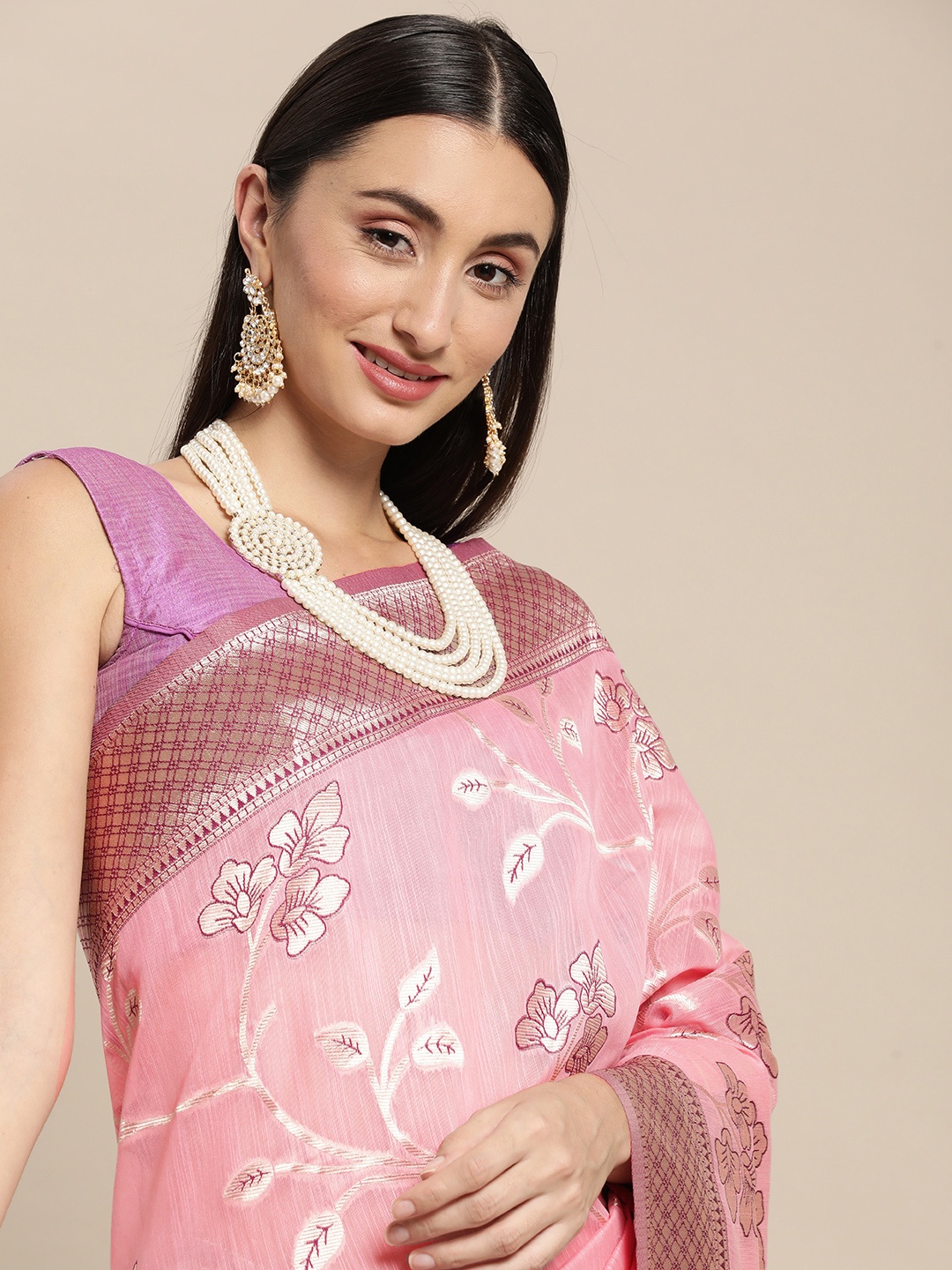 

Mitera Rose Floral Silk Blend Banarasi Saree