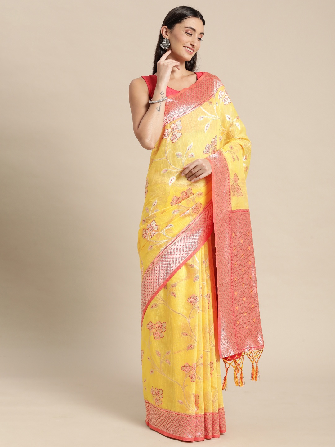 

Mitera Yellow & Red Floral Silk Blend Banarasi Saree