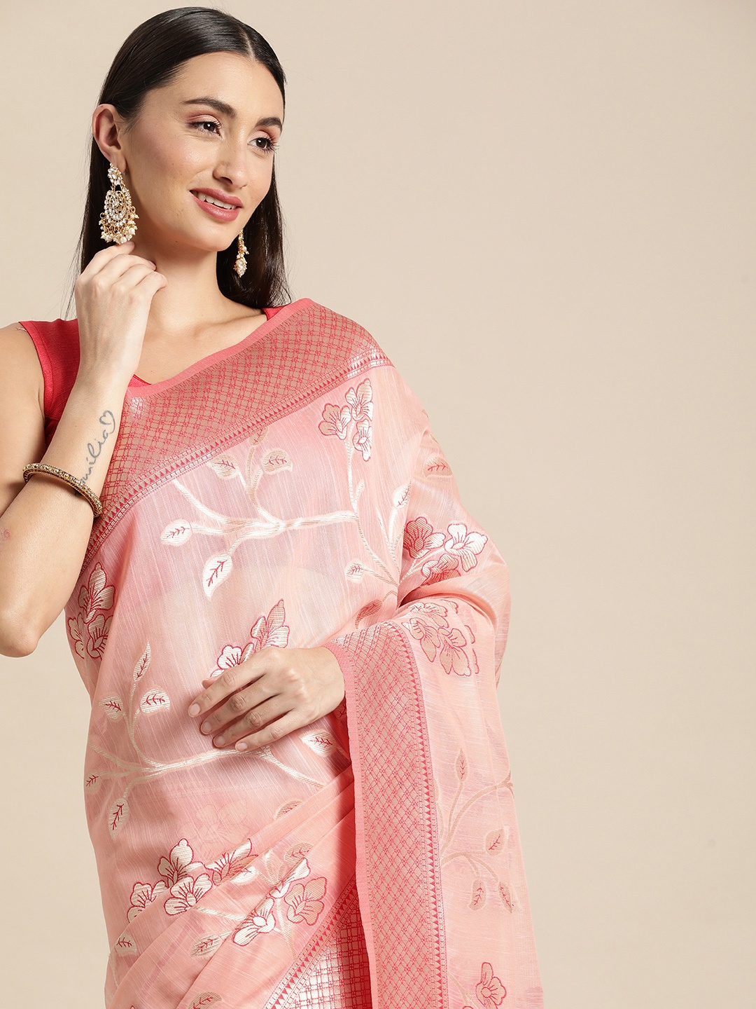 

Mitera Pink Floral Silk Blend Ready to Wear Banarasi Saree