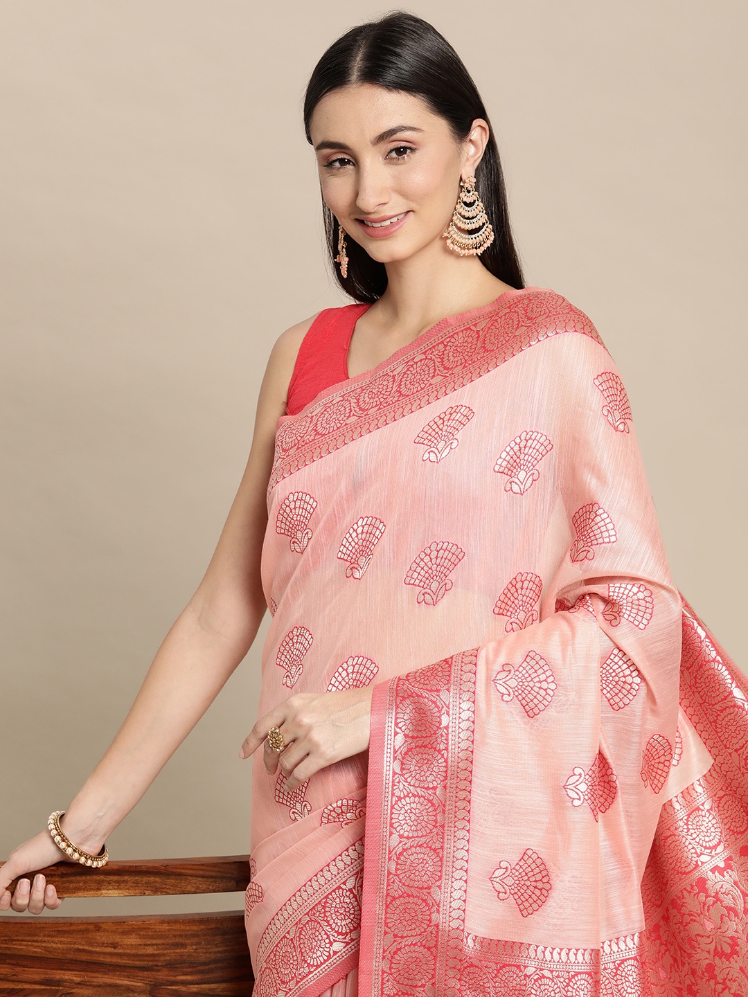 

Mitera Pink Ethnic Motifs Silk Blend Banarasi Saree