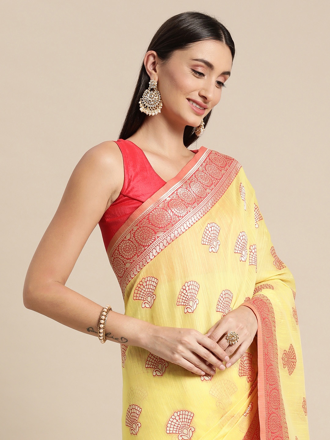 

Mitera Yellow & Red Ethnic Motifs Silk Blend Banarasi Saree