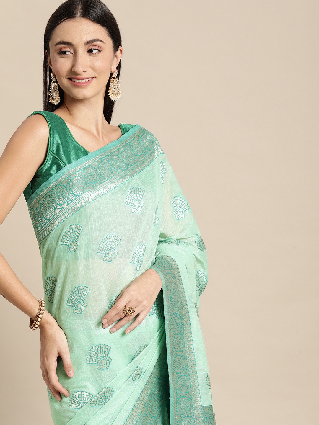 

Mitera Green Floral Silk Blend Banarasi Saree