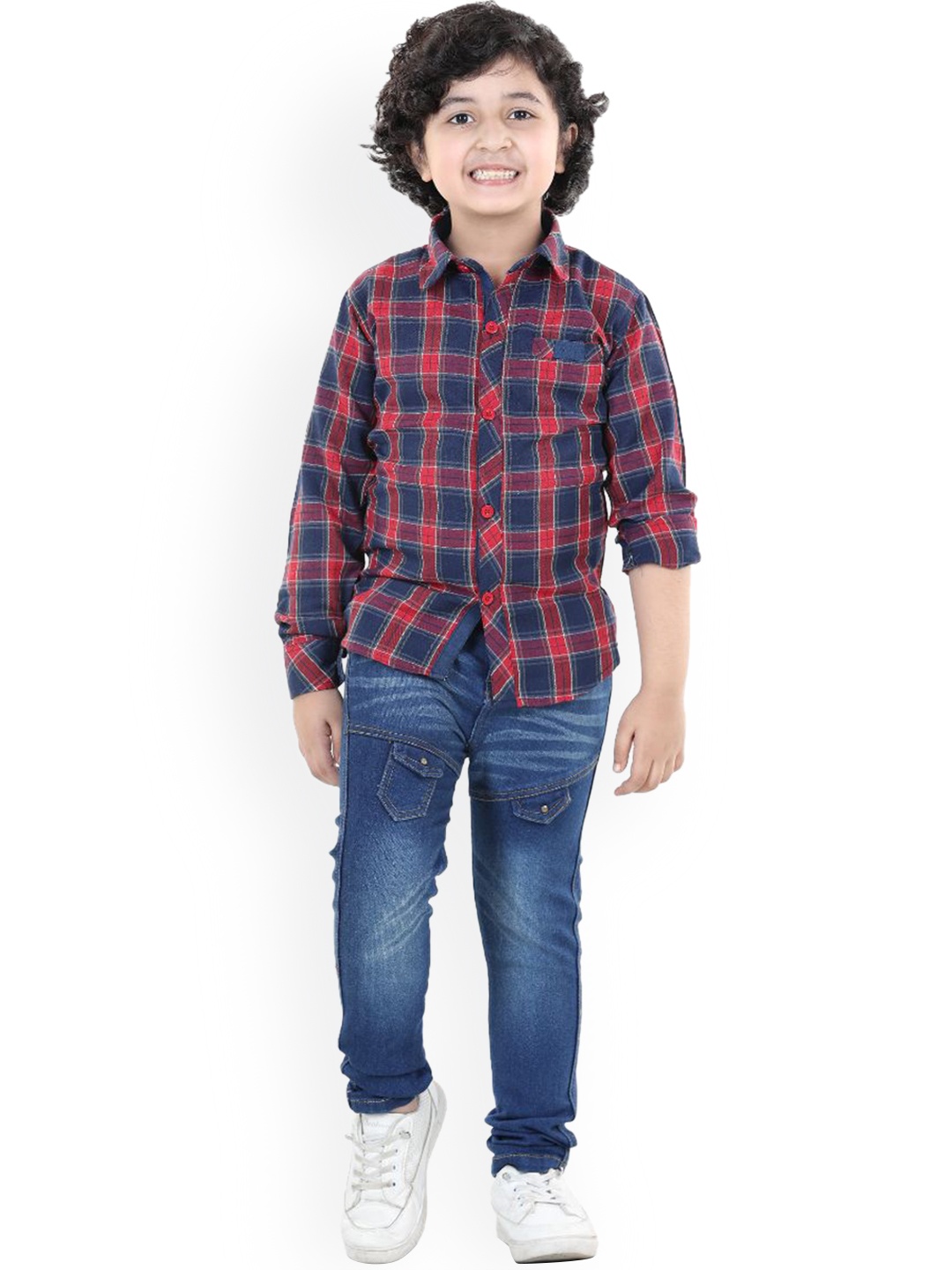 

Aj DEZInES Boys Red & Blue Checked Shirt with Jeans