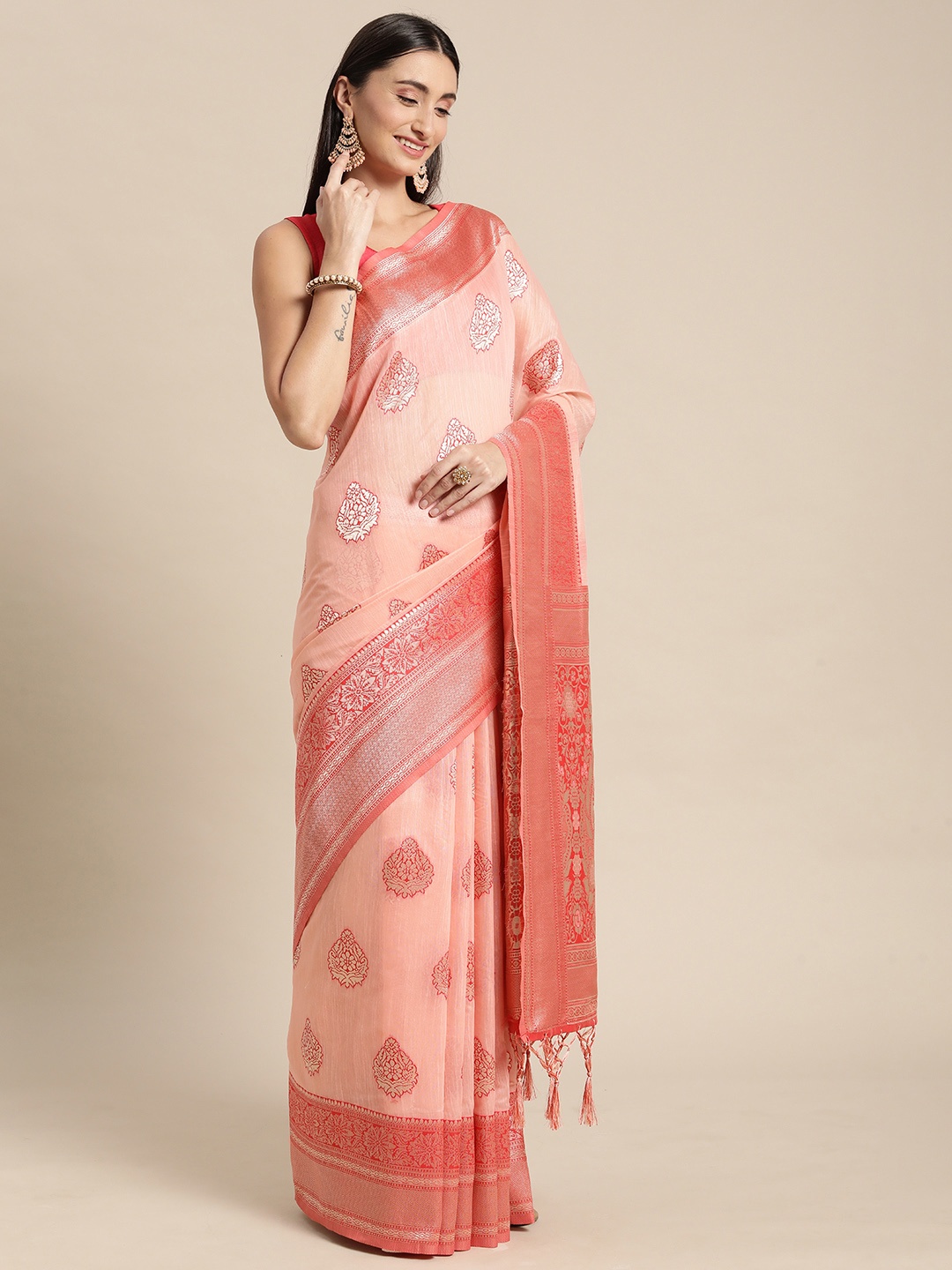 

Mitera Pink Ethnic Motifs Silk Blend Banarasi Saree