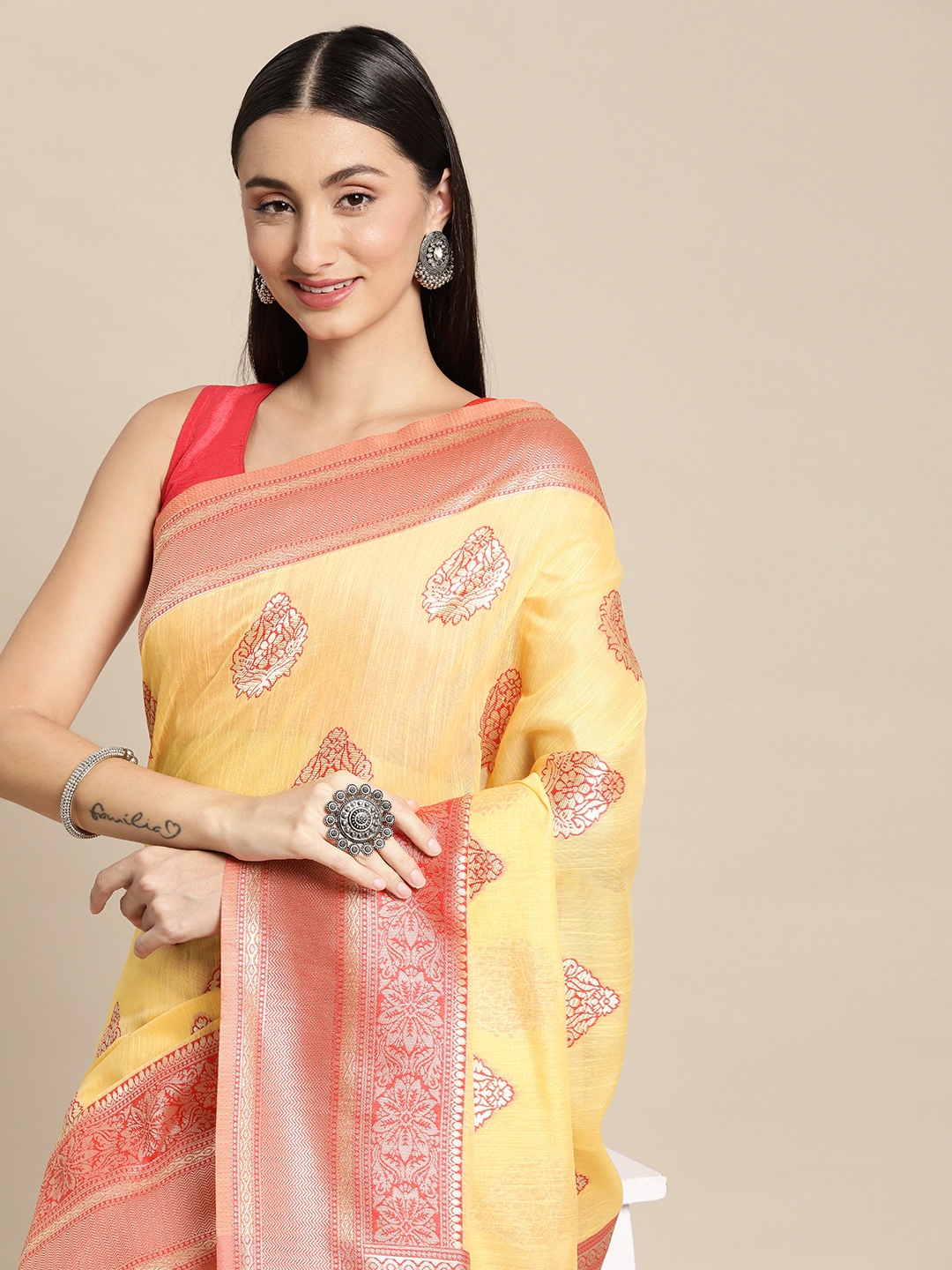 

Mitera Yellow & Red Ethnic Motifs Silk Blend Banarasi Saree