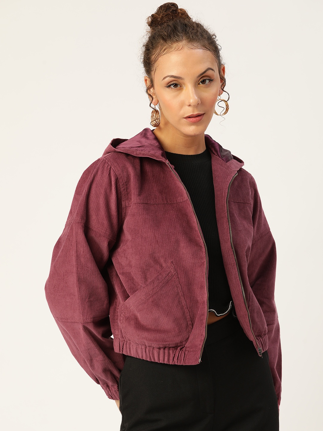 

Antheaa Women Purple Hooded Bomber Jacket