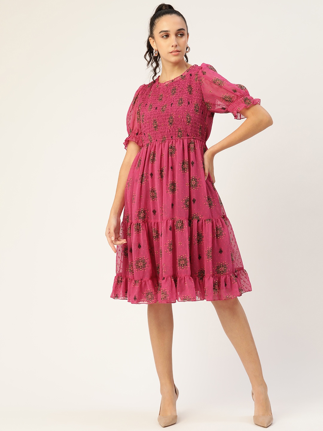 

Antheaa Fuchsia Pink & Brown Floral Print Smocked Tiered Chiffon Dress