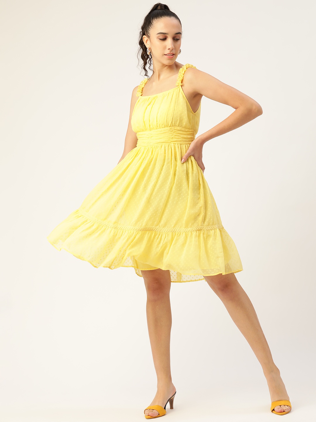 

Antheaa Yellow Self Design Chiffon Dress
