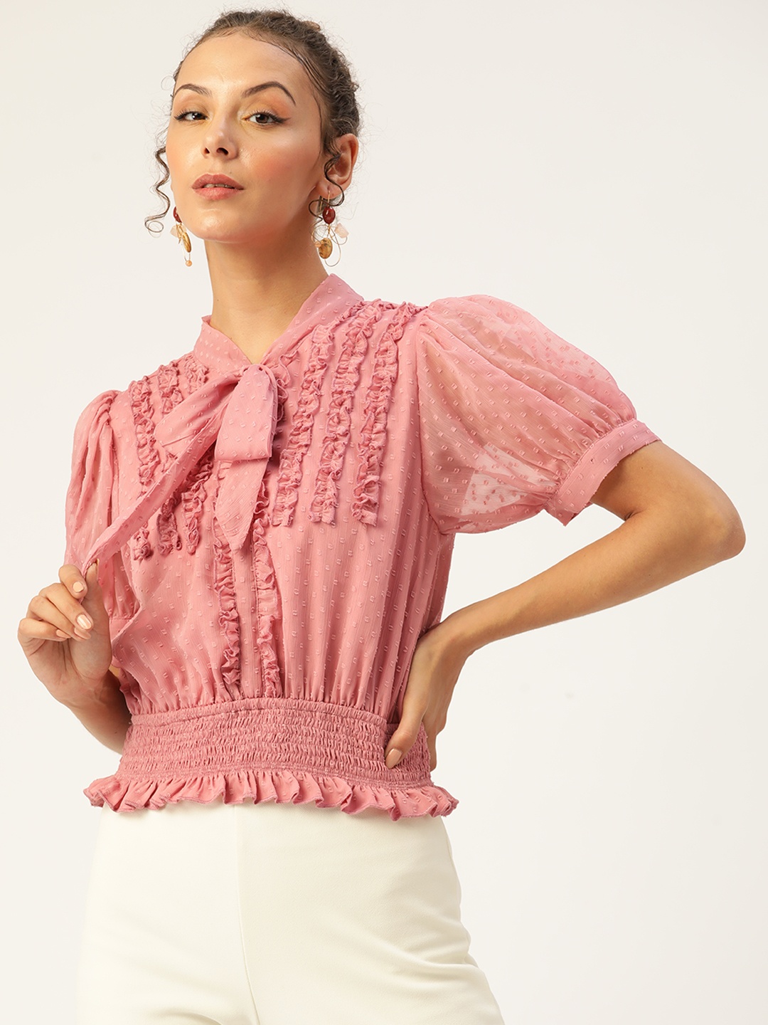 

Antheaa Pink Dobby Weave Cinched Waist Top