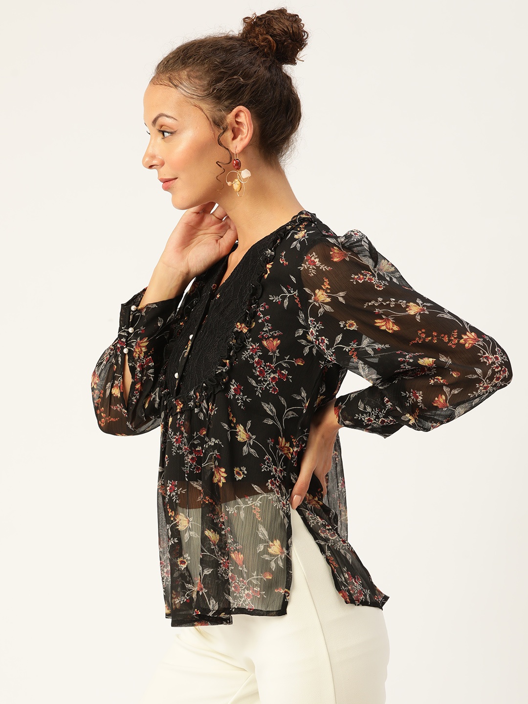 

Antheaa Black Floral Print Sheer Top