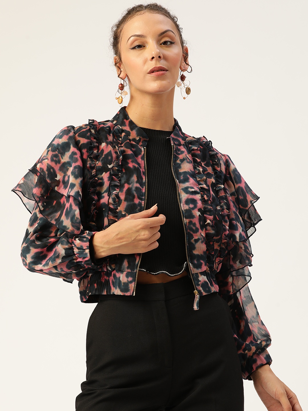 

Antheaa Women Black & Pink Animal Print Ruffled Jacket