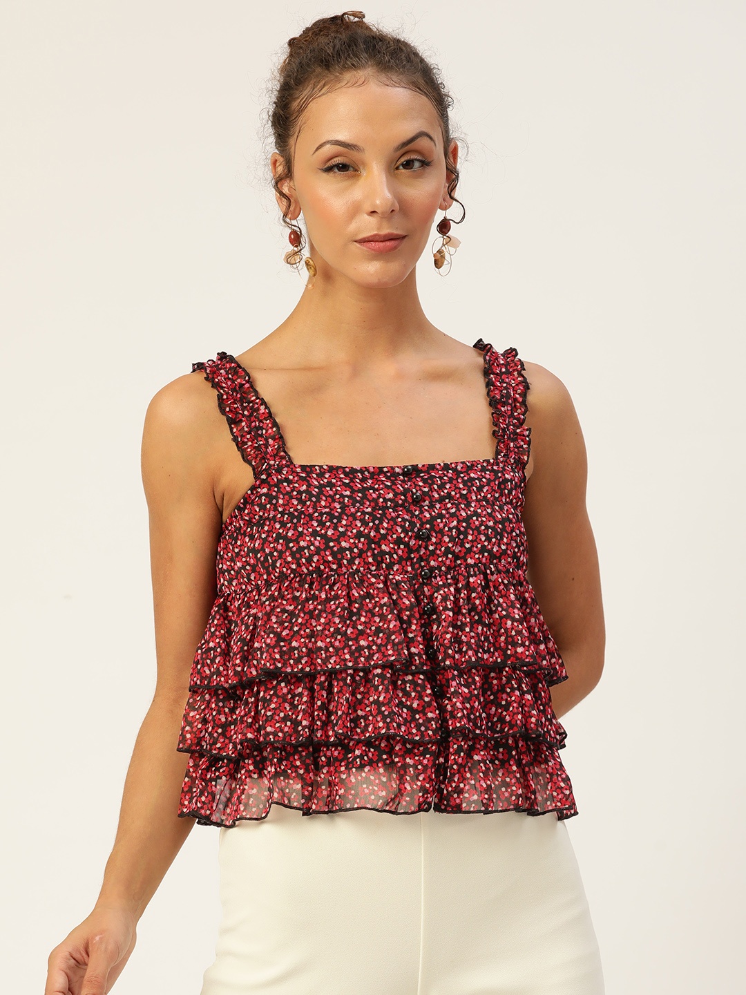 

Antheaa Black & Red Floral Print Layered Top