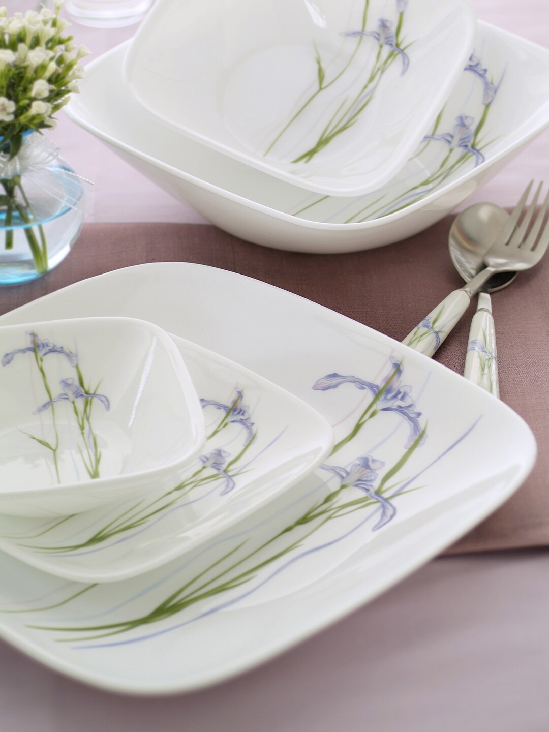 

Corelle Asia Square Round Collection Shadow Iris Set Of 6 Printed Glossy Plates, White