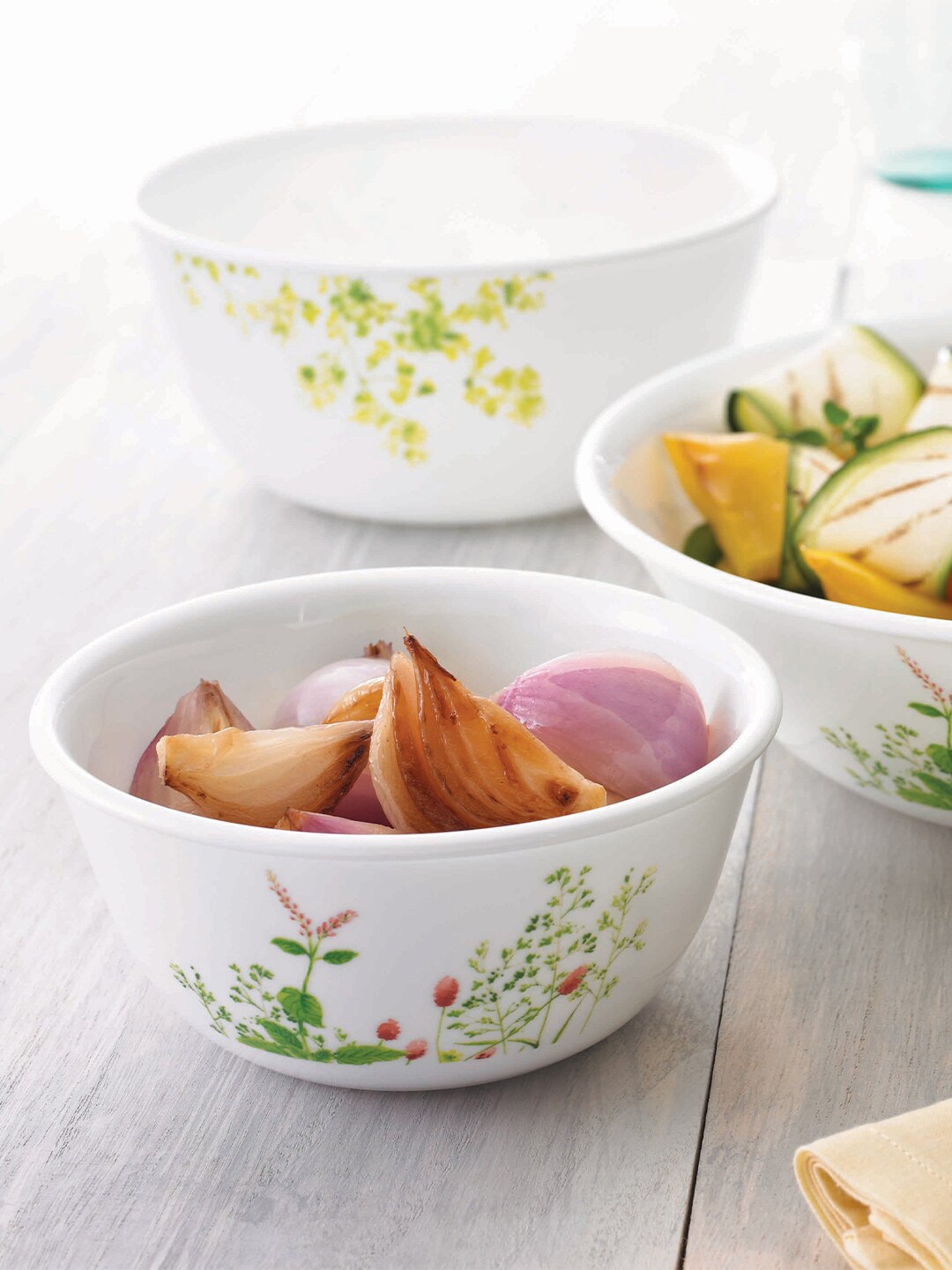 

Corelle Set Of 6 White Printed Dishwasher & Microwave safe Vitrelle Glass Bowls 177ml each