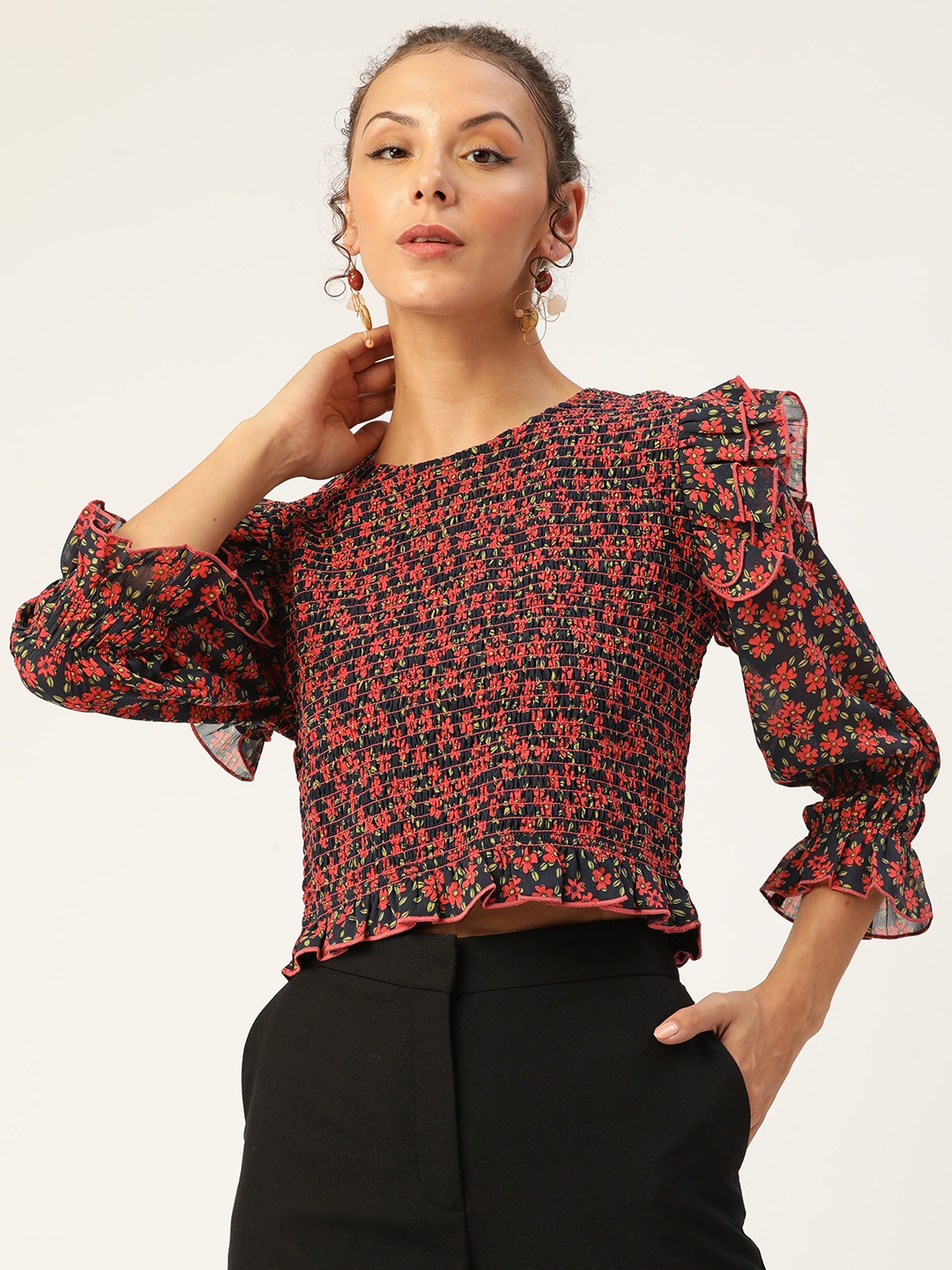 

Antheaa Navy Blue & Red Floral Print Smocked Georgette Top