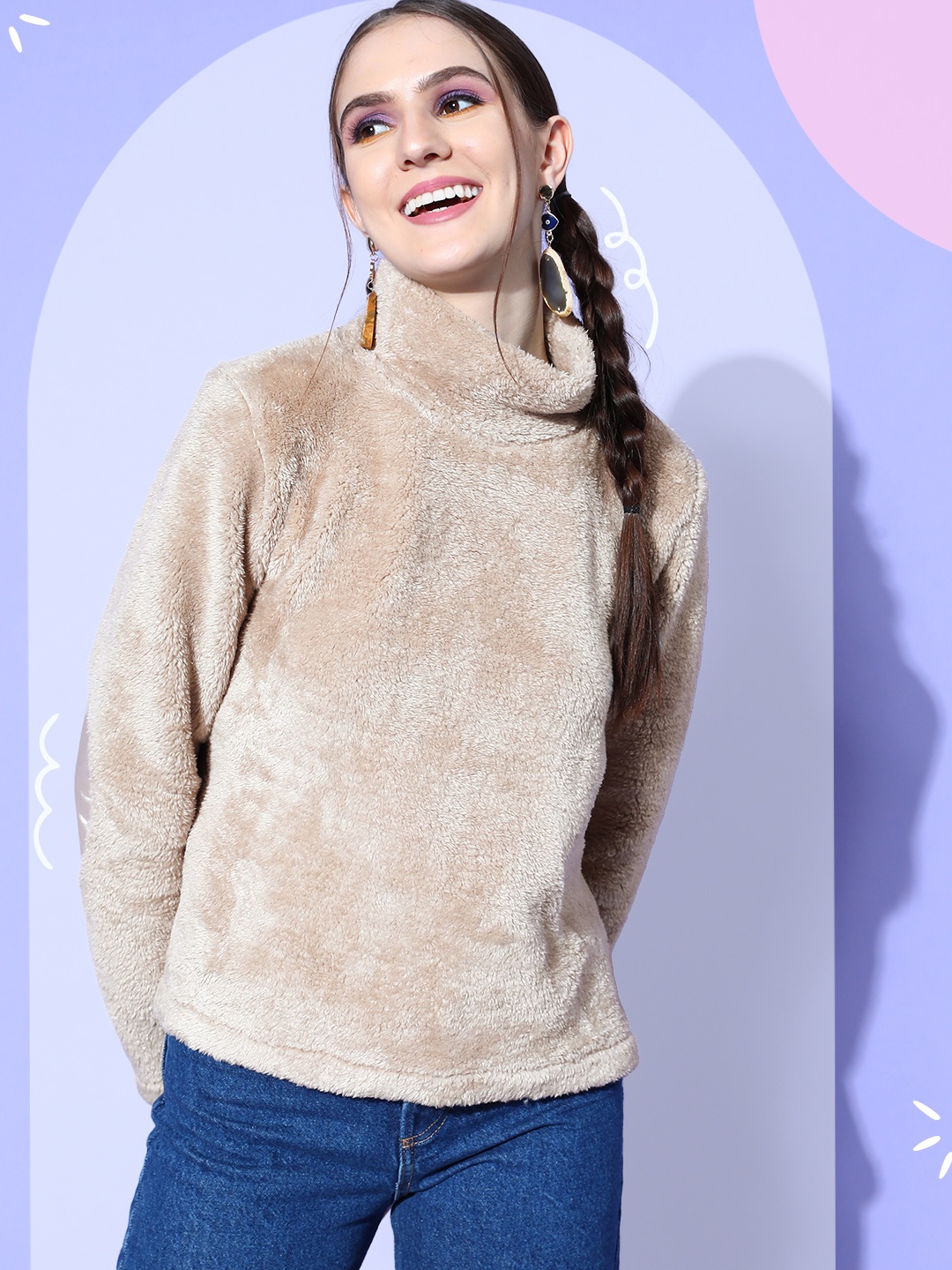 

SASSAFRAS Women Beige Solid Go Fur It Sweatshirt