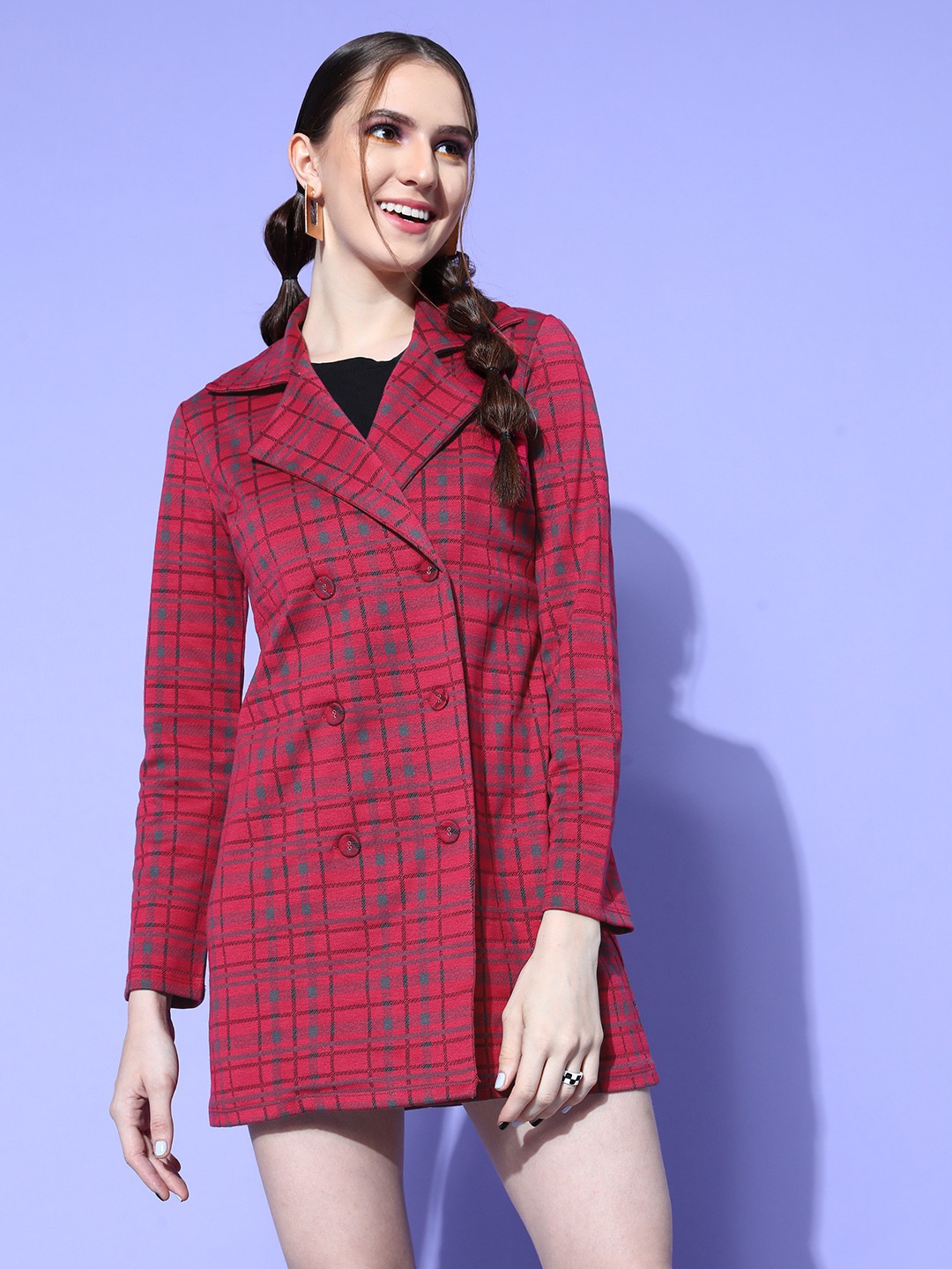 

SASSAFRAS Women Fuchsia Checked Uniform Dressing Dress