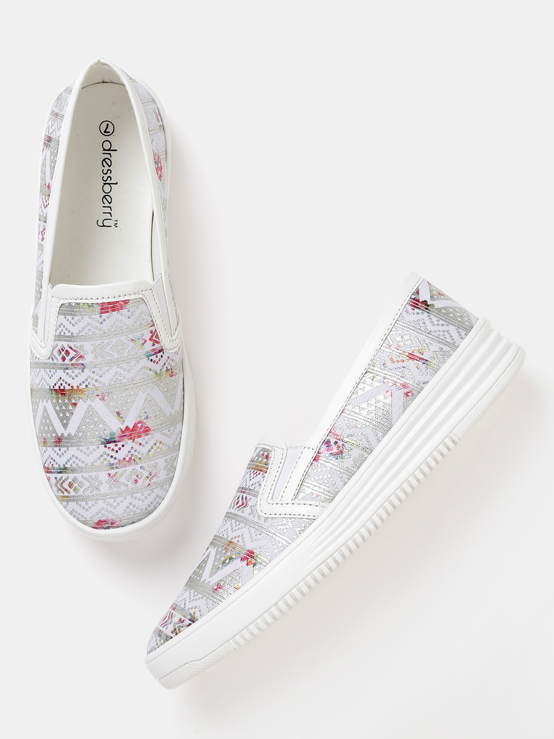 

DressBerry Women White & Silver-Toned Printed Slip-On Sneakers