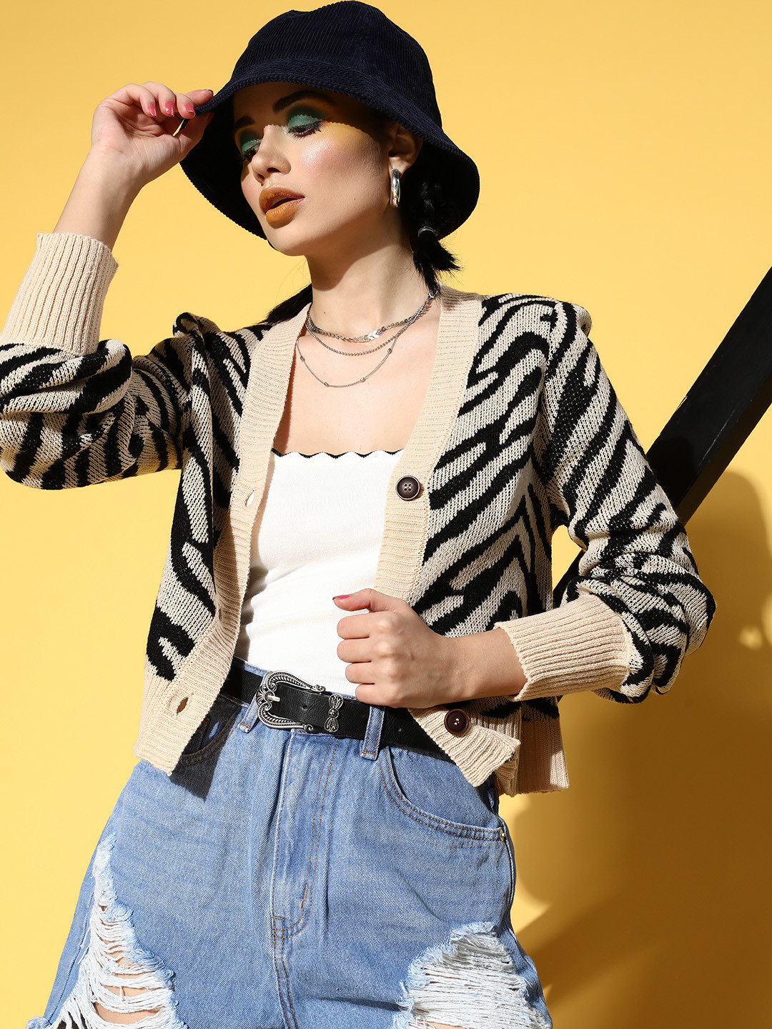 

SASSAFRAS Women Beige Animal Printed Cute Cardigan Sweater