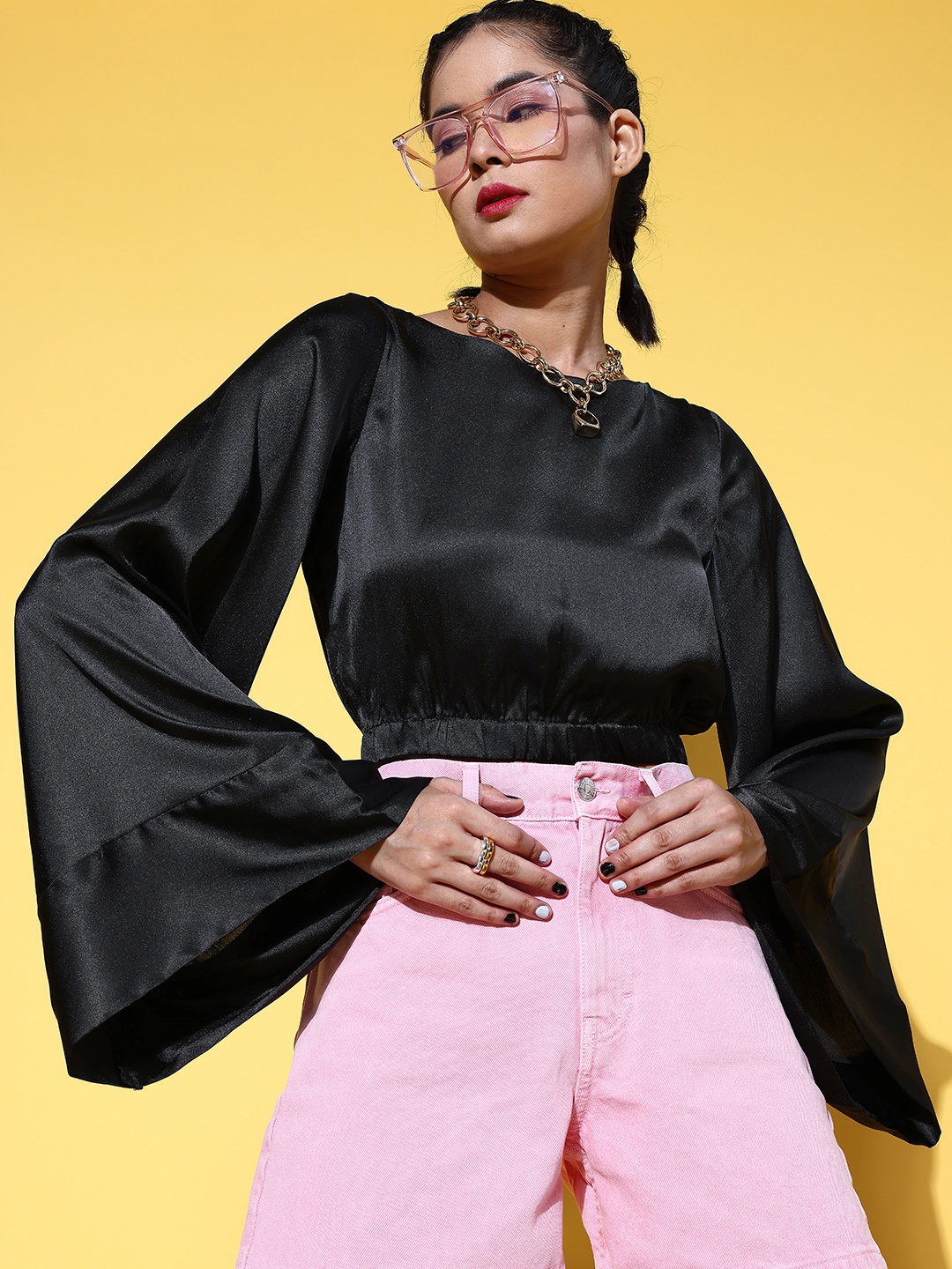 

SASSAFRAS Black Solid Satin Top