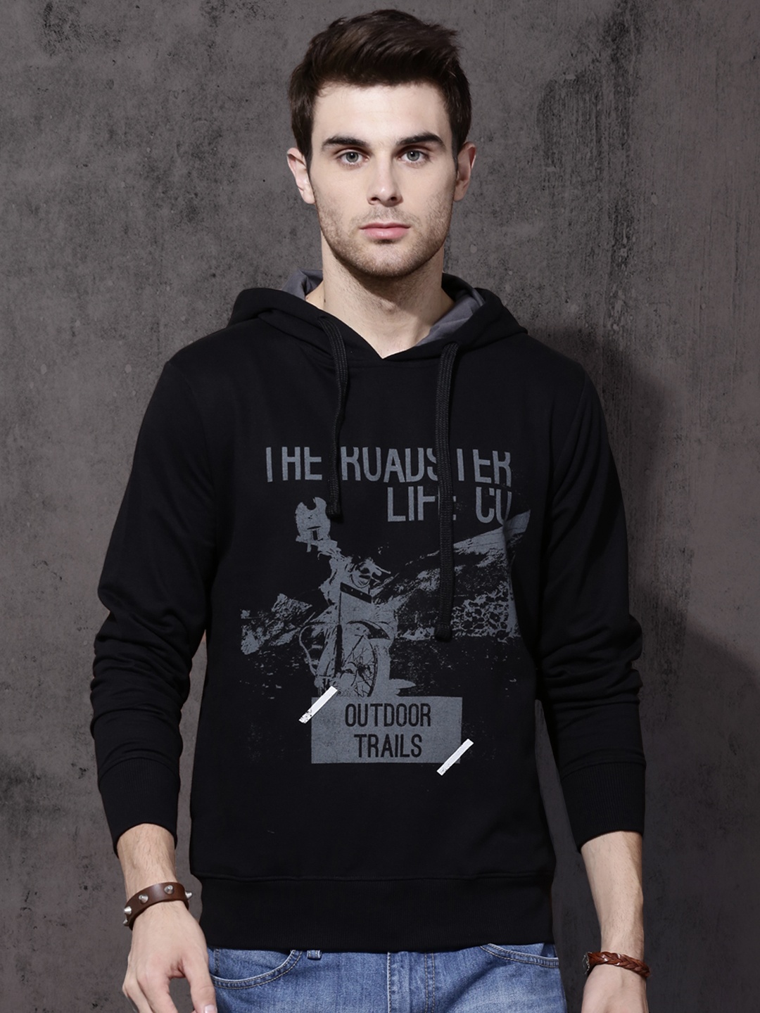 

Roadster Men Black Printed Hooded Sweatshirt