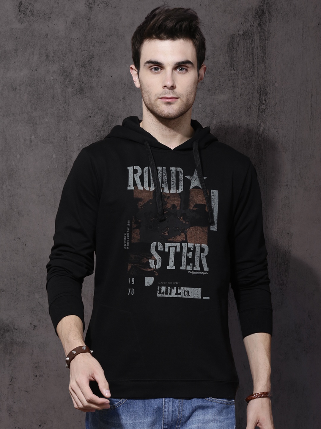 

Roadster Men Black Printed Hooded Sweatshirt