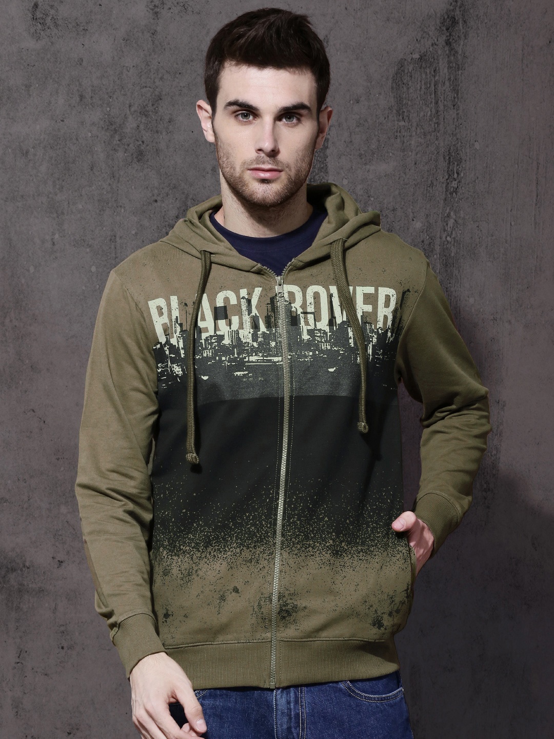 

Roadster Men Olive Green & Black Printed Hooded Sweatshirt