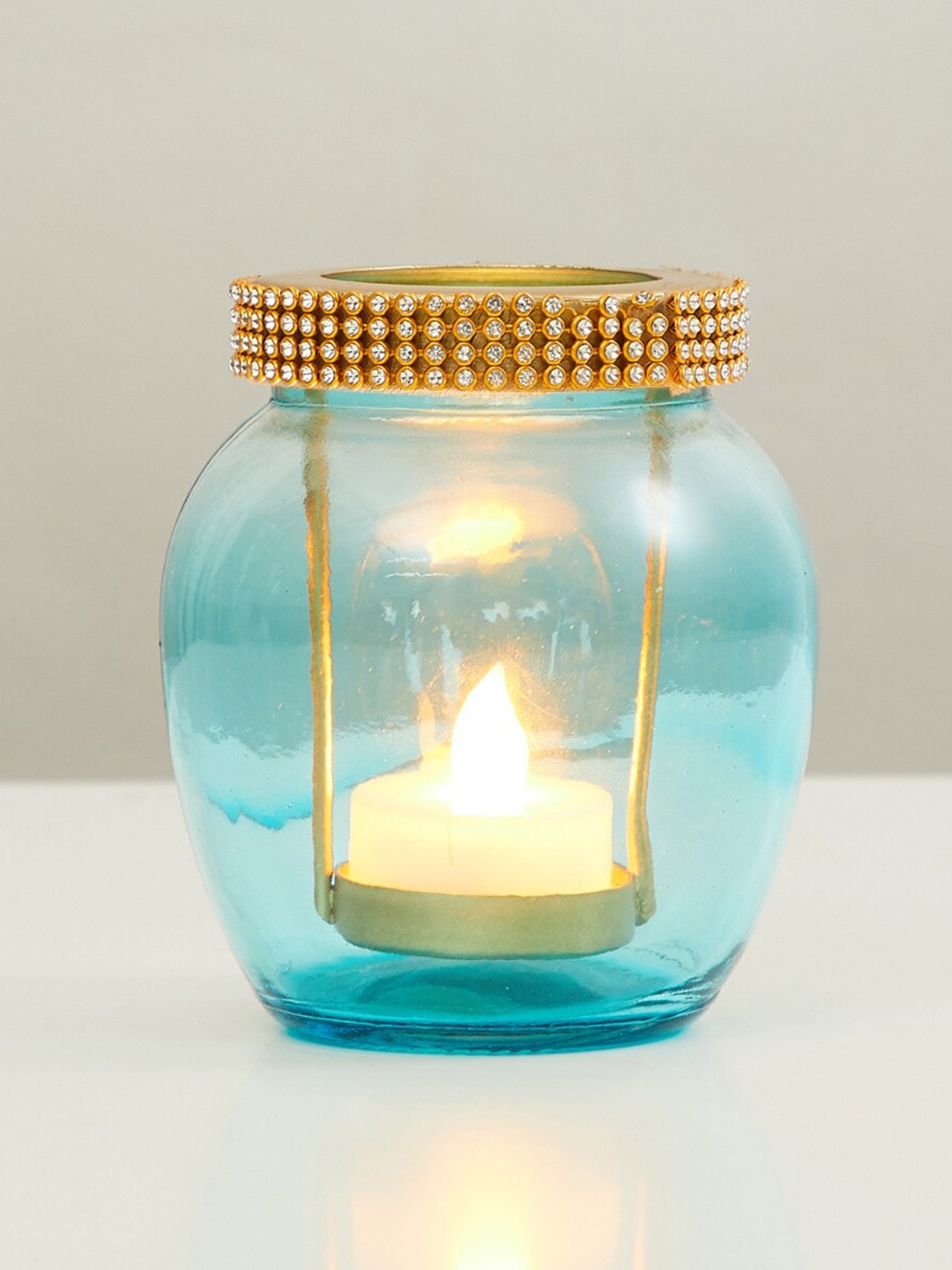 

Home Centre Blue & Gold Embellished Glass Jar & T-Light Holder