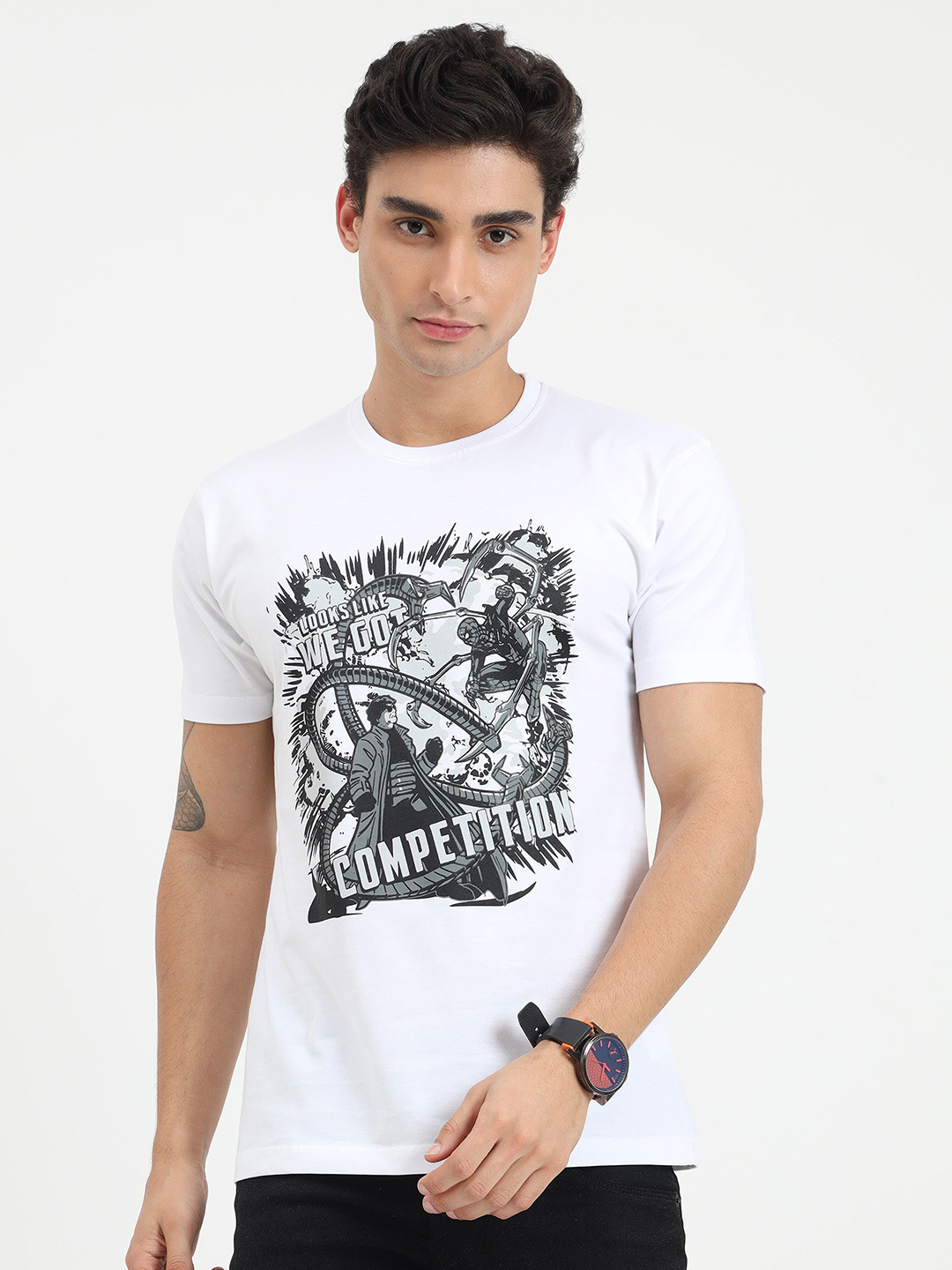 

COOFT Men White & Black Spider-Man Printed Pure Cotton T-shirt