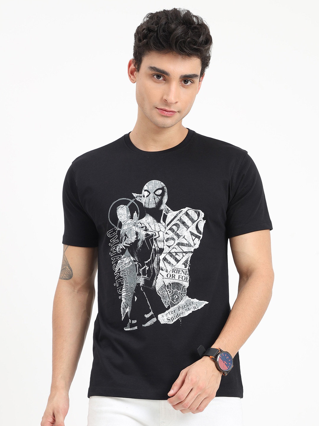 

COOFT Men Black Spider-Man Printed Pure Cotton T-shirt