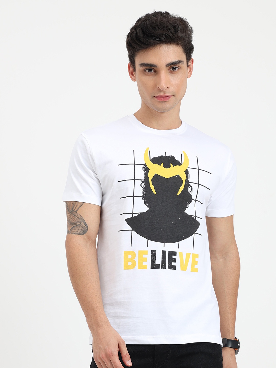 

COOFT Men White & Black Printed Pure Cotton T-shirt