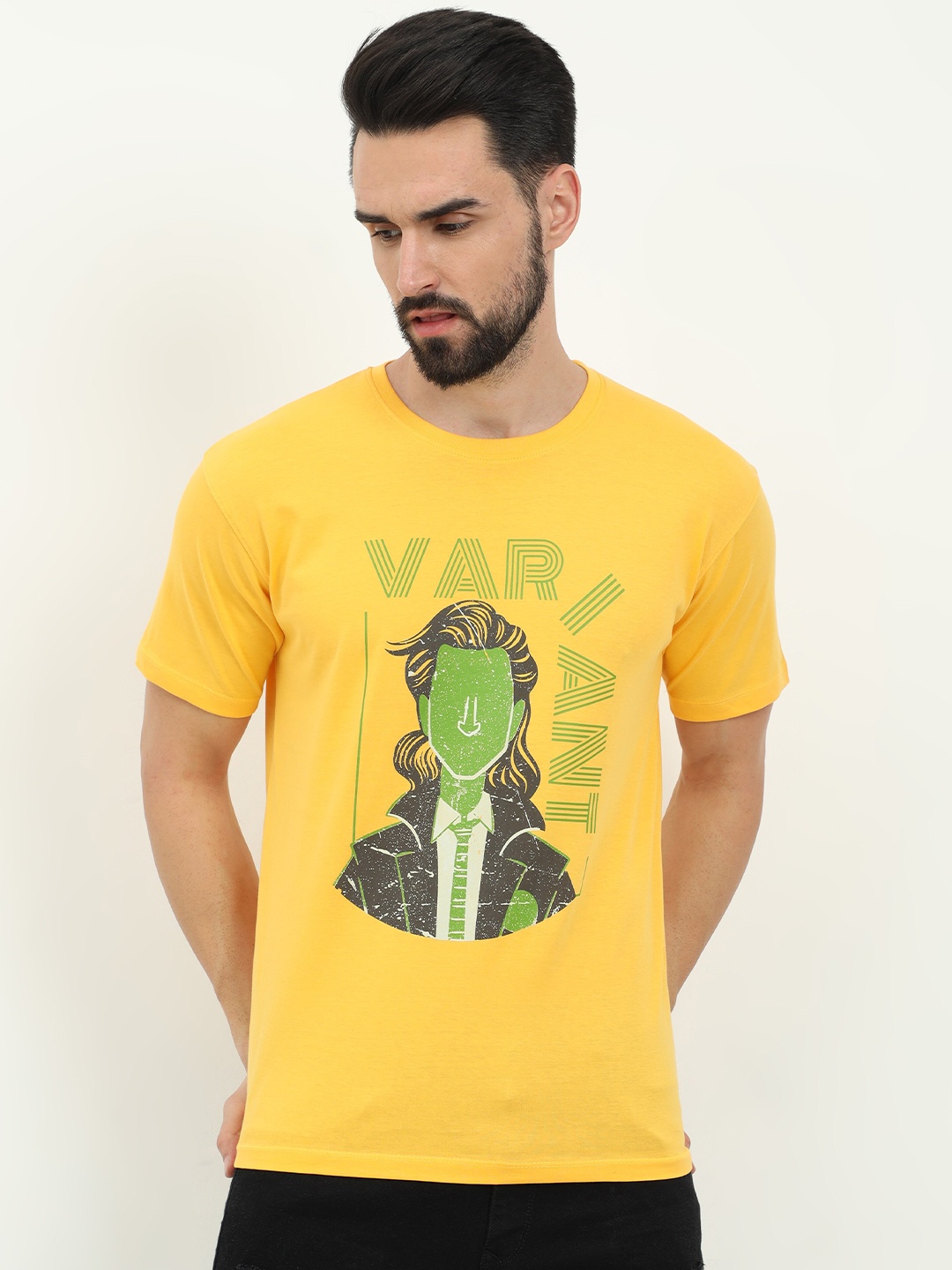 

COOFT Men Yellow Typography Printed Pure Cotton T-shirt