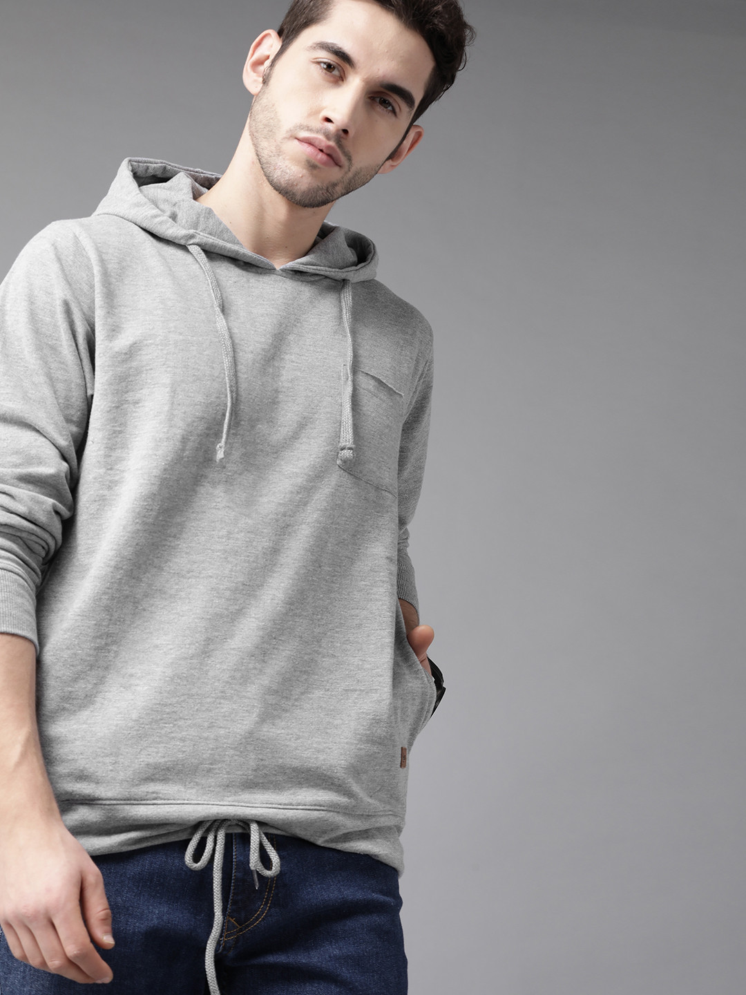 

Roadster Men Grey Melange Solid Hooded Sweatshirt