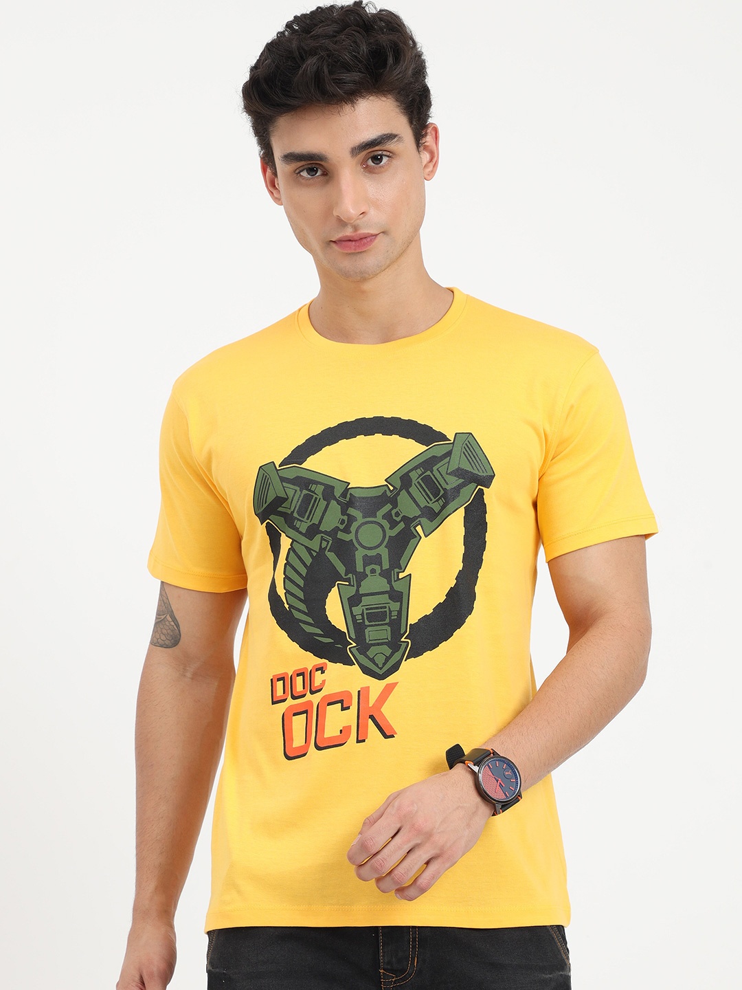 

COOFT Men Yellow & Green Printed Pure Cotton T-shirt