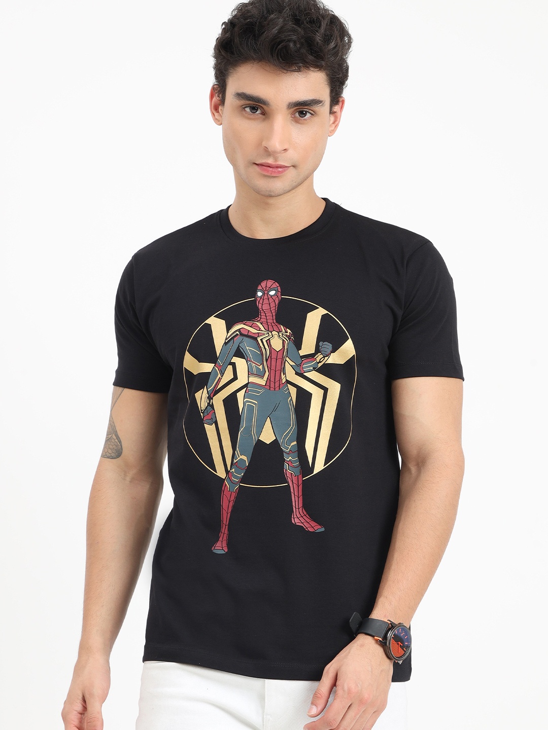 

COOFT Men Black Spider-Man Printed Pure Cotton T-shirt