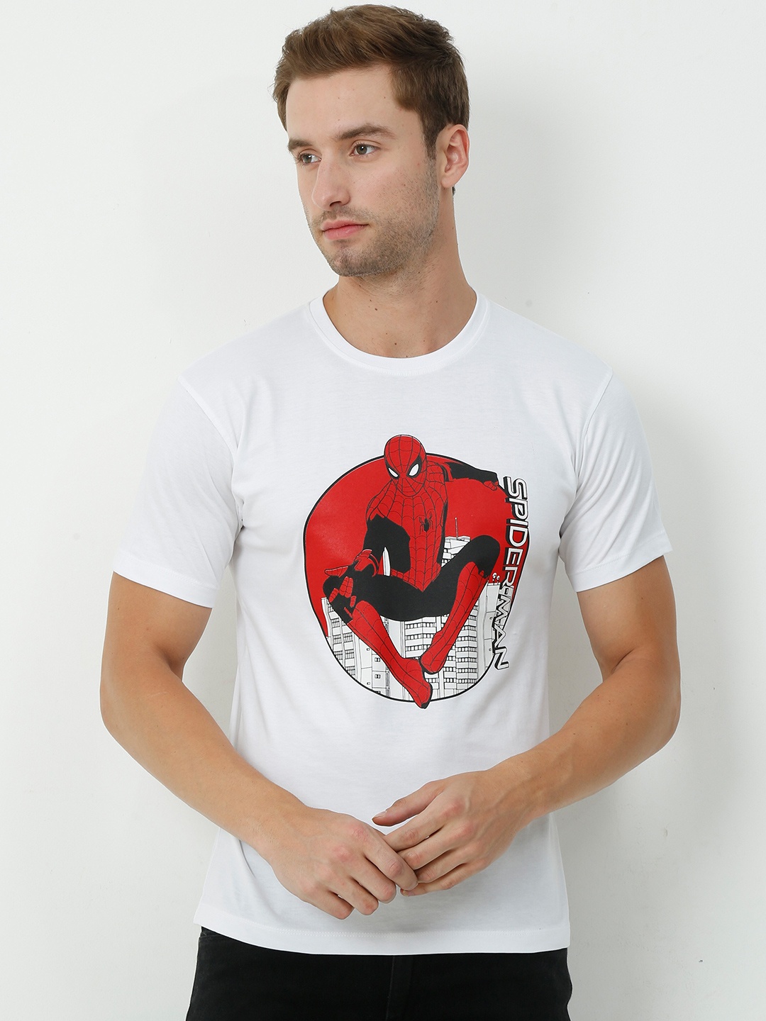 

COOFT Men White Spider-Man Printed Pure Cotton T-shirt