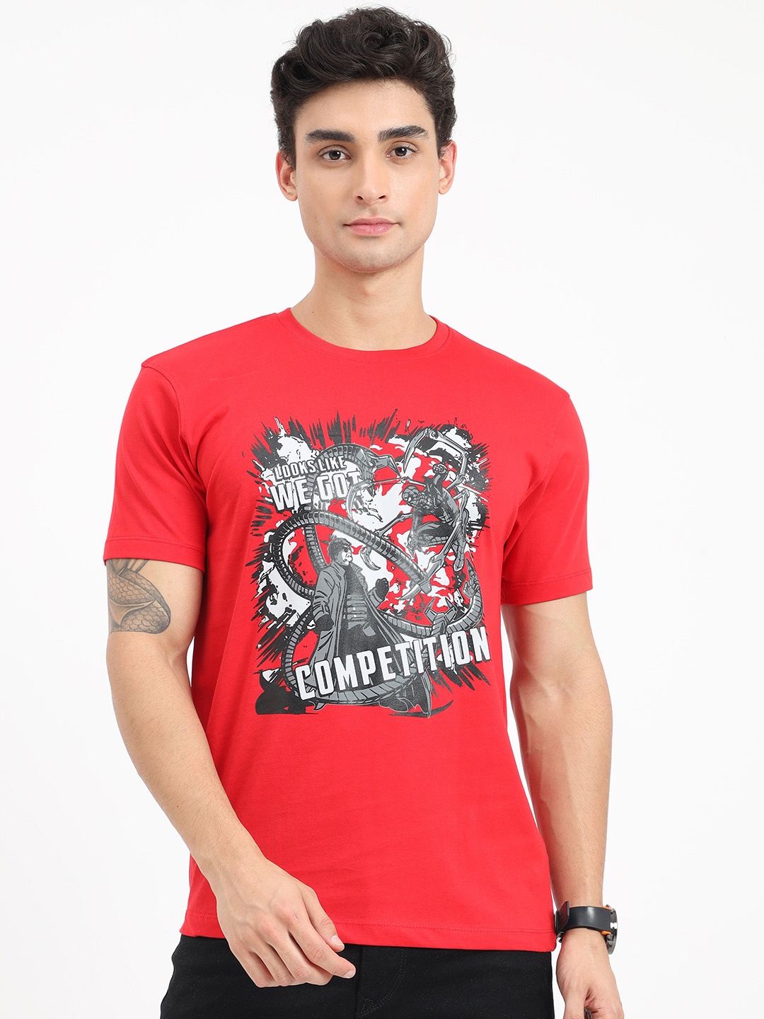 

COOFT Men Red Spider-Man Printed Pure Cotton T-shirt