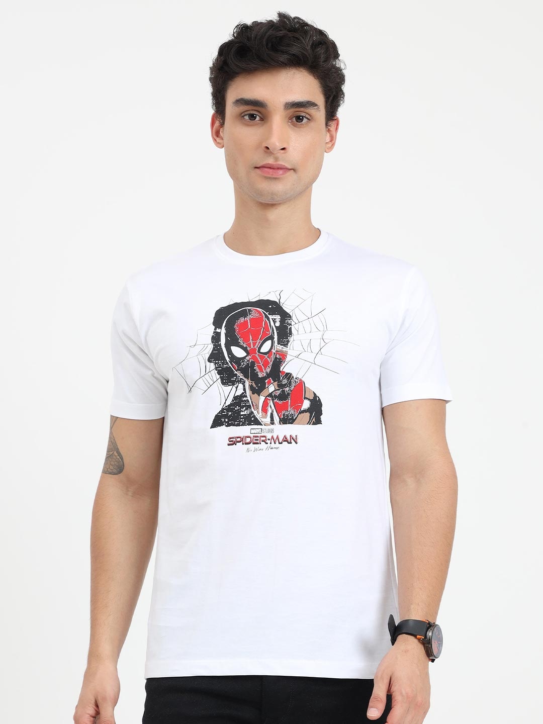 

COOFT Men White Spider-Man Printed Pure Cotton T-shirt