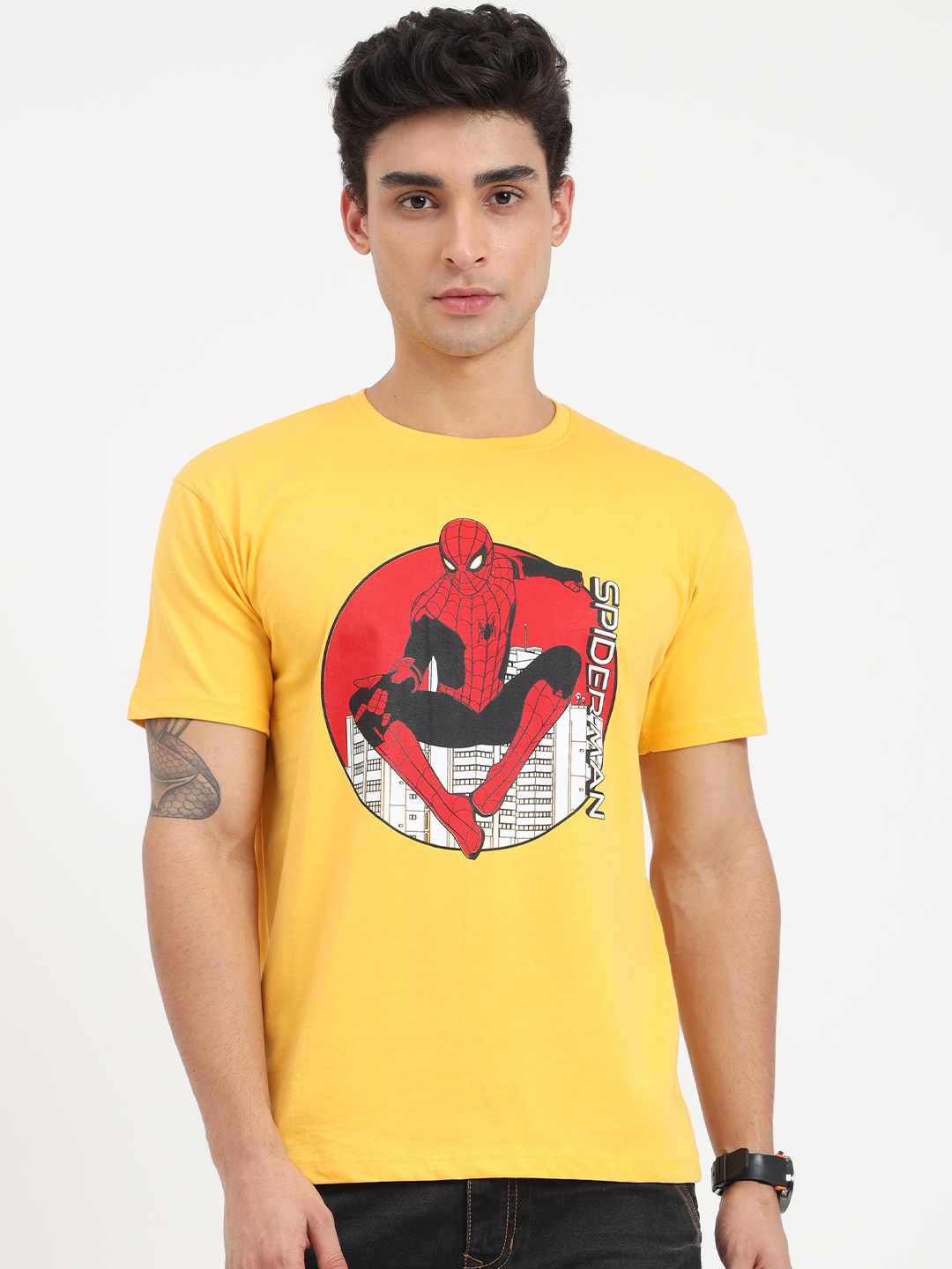 

COOFT Men Yellow Spider-Man Printed Pure Cotton T-shirt