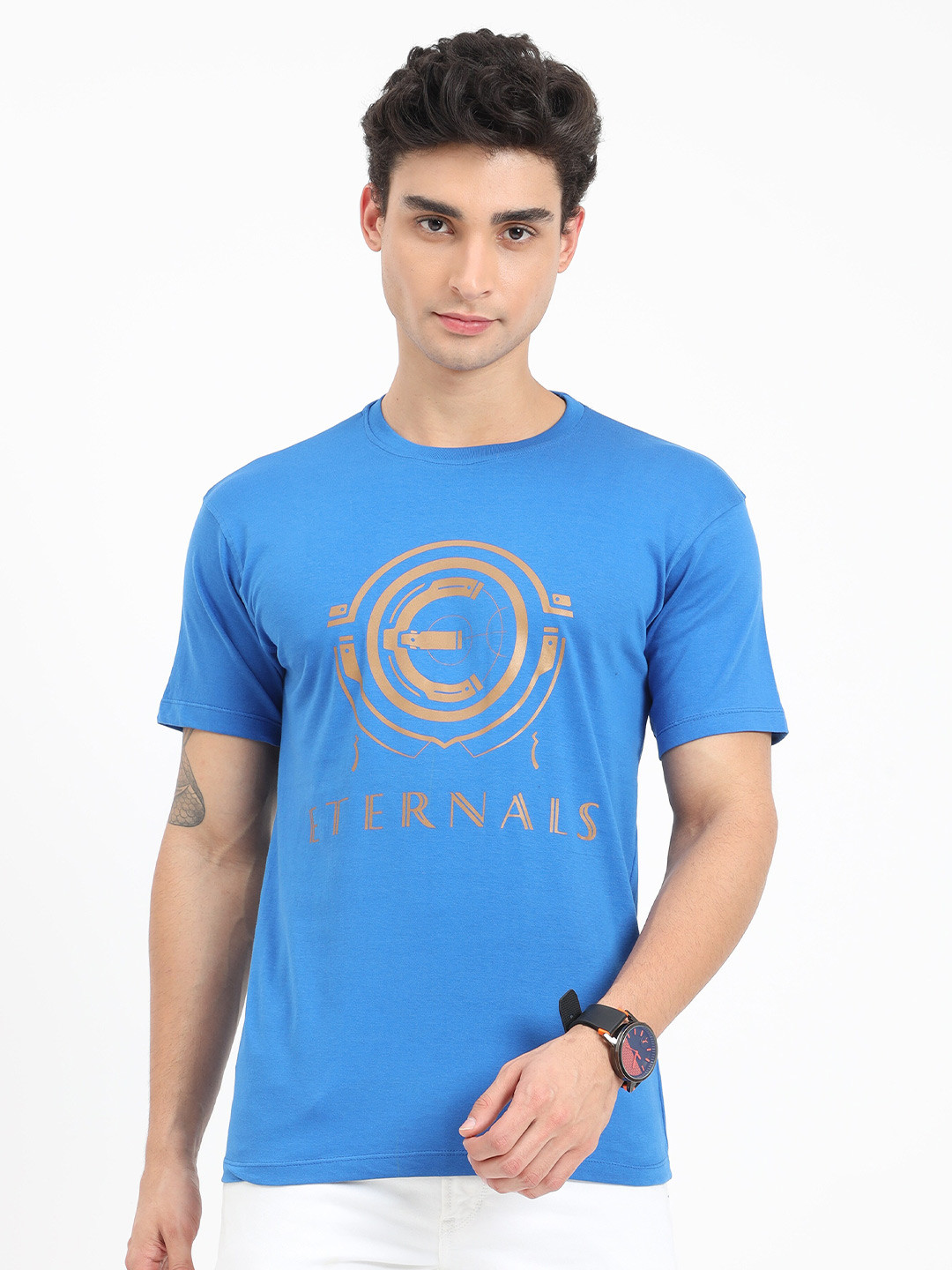 

COOFT Men Blue Typography Printed Pure Cotton T-shirt