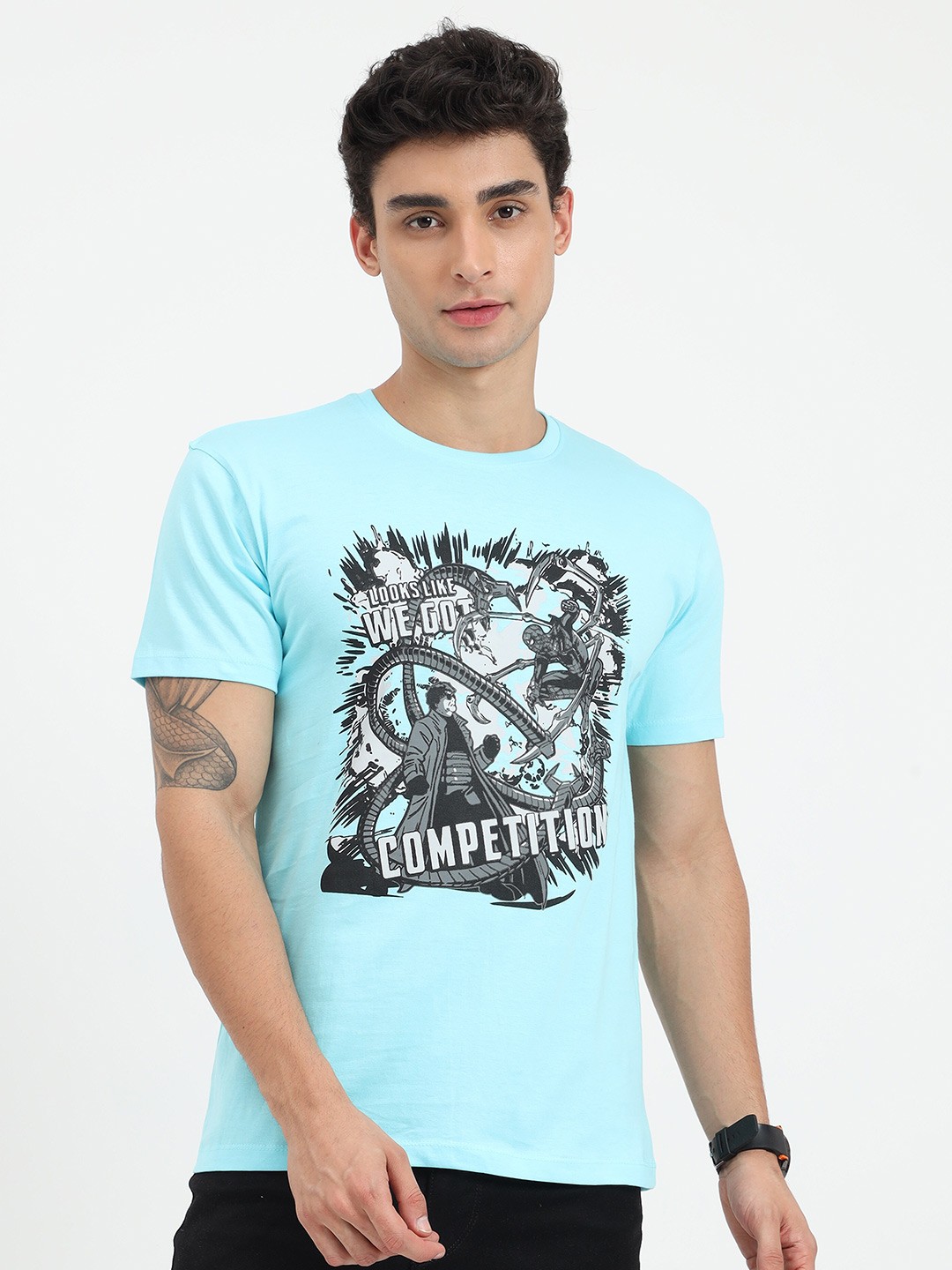 

COOFT Men Blue Spider-Man Printed Pure Cotton T-shirt