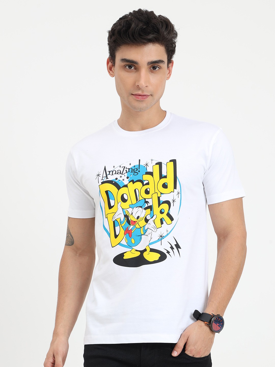 

COOFT Men White Donald Duck Printed Pure Cotton T-shirt