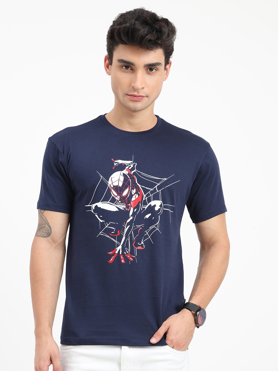 

COOFT Men Blue Spider-Man Printed Pure Cotton T-shirt